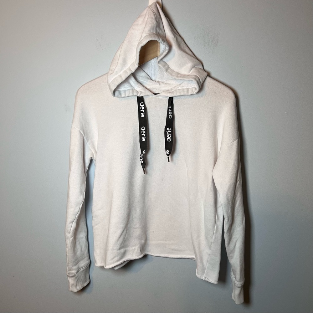 Aerie White Cropped Hooded Sweatshirt size S Oversized Fit  - Great Beach Hoodie